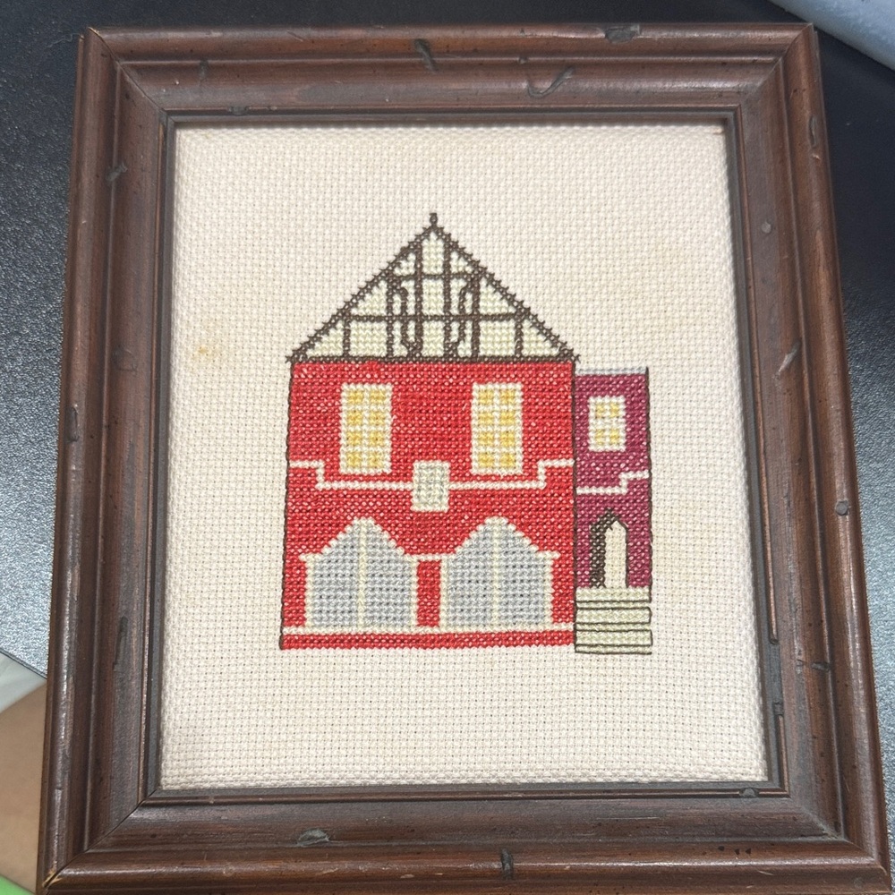 Vintage Framed Cross-Stitch House Art